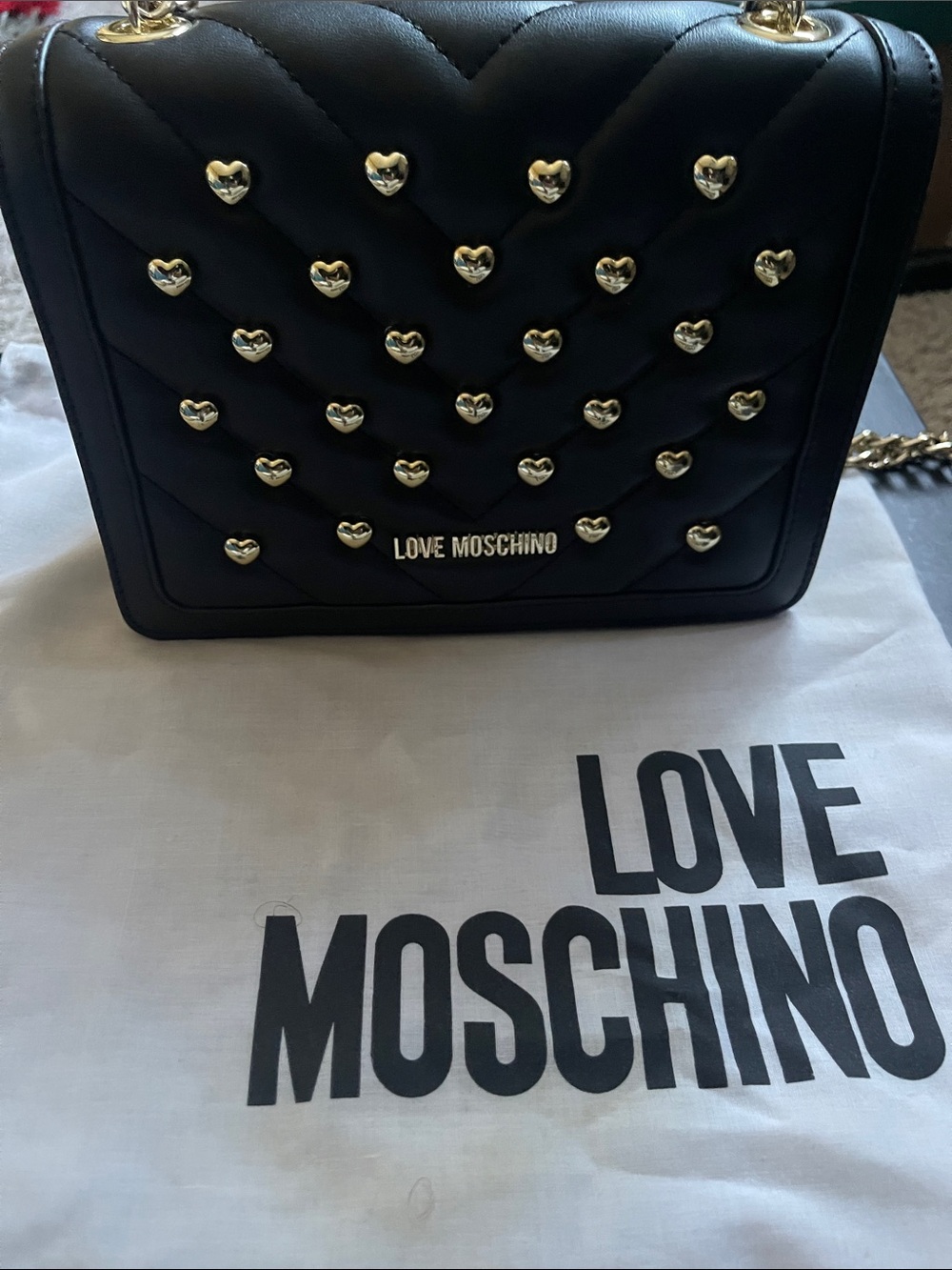 Love Moschino Black Quilted Crossbody with Gold Heart Studs